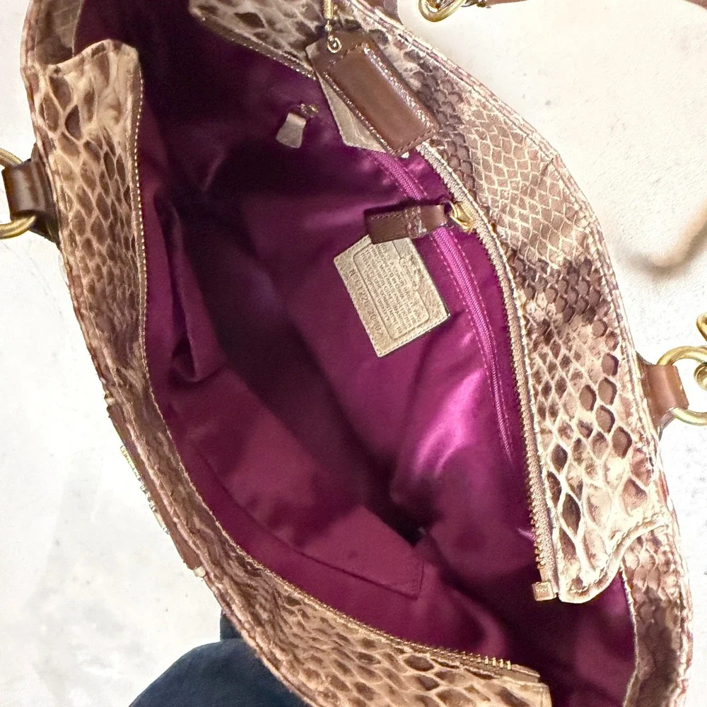 Rare 00's Coach Python Snake Print Tote Brown Leather Gold Chain Bag 20482